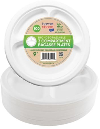 HOMESHOPA Bagasse Plates, 100 Pack 3 Compartment Biodegradable Disposable Sugarcane Paper Plates, Heavy Duty Compostable ECO Friendly Super Rigid White Dinner Plates for Party Picnic BBQ