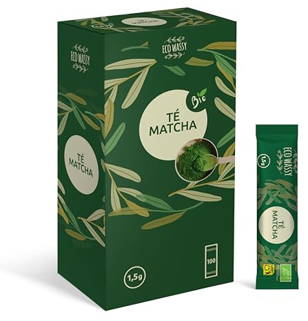 Thé Matcha JAPONAIS certifié. 100 doses de qualité CÉRÉMONIELLE. 100 bâtonnets individuels, pour un transport facile. Poudre de Matcha 100% naturelle.