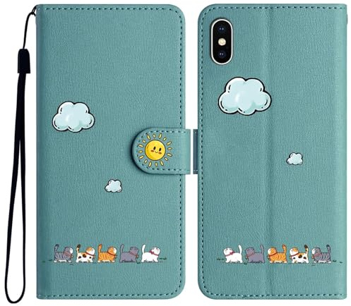 Generisch Niedlich und Schöne Geldbörse Handyhülle für iPhone X/iPhone XS, Nette Katzen Muster Haltbares PU+TPU Leder mit Prämie Magnetisch Schließung Flip Telefon Hülle für iPhone X/XS(Grün)