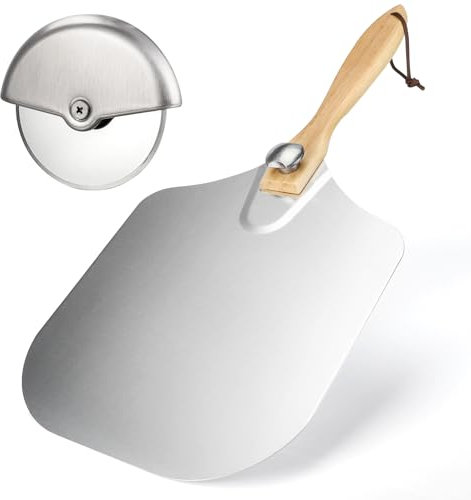 Pizza Peel Cutter Set Include 1 Pizza Paddle Aluminum & 1 Stainless Steel Pizza Slicer Wheel for Homemade Pizza Oven (Silver)