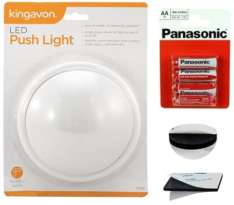 Kingavon LED Push Lights Bundle: Battery-Powered Stick-On Lights with Panasonic AA Batteries, Double-Sided Foam Tape – Ideal for Under Cupboards, Shelves, Closets, Garage, and Emergency Lighting