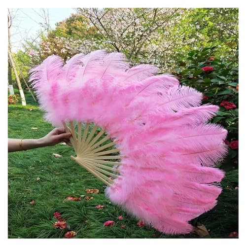 JDQTPOET 15 Bone Ostrich Feather Fan Celebration Party Wedding Dance Performance Props Decorative Feathers for Crafts Fan(Pink)