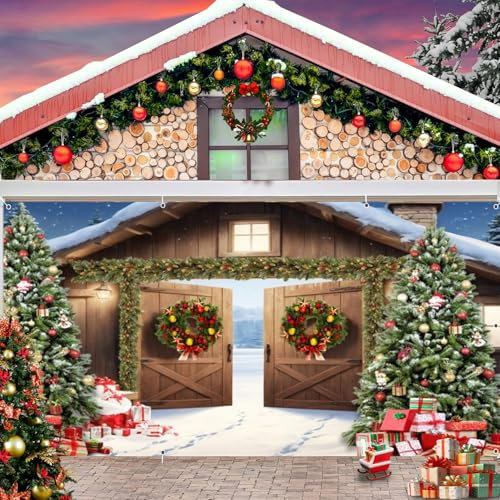 Weihnachts-Garagentor-Dekoration, Banner, Hintergrund, 2,1 x 4,8 m, Garagentorabdeckung, Banner, Winter, Scheune, Weihnachtsbaum, Geschenke, groß, hängend, 2 Auto-Garagentorabdeckungen für