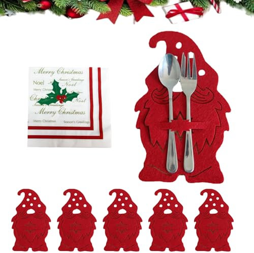 Besteckhalter Weihnachten Filz 12 Stück und Weihnachten Servietten 20 Stück Set,Weihnachten Tischdeko,Weihnachtsmann-Besteckhalter für Weihnachtstischdekoration Party (rot)