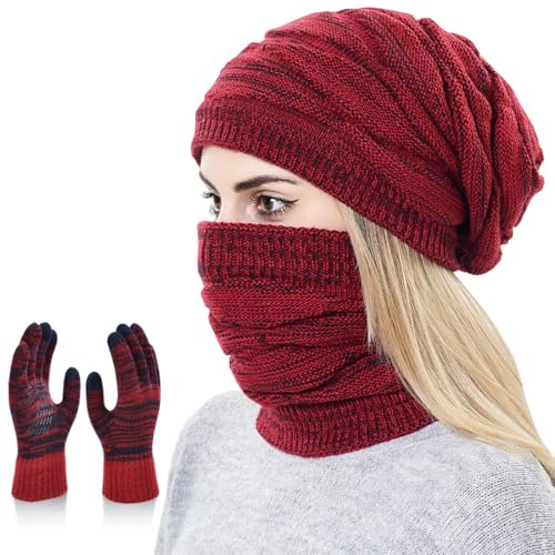 KIRAAT Damen Slouchy Beanie Schal Handschuhe Set für Mädchen Warme Strick Winter Ski Hut mit Fleece gefüttert