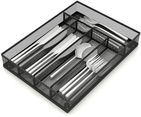 Sedegn Silverware Organizer Metal Mesh, Small Drawer Organizer, Utensil Cutlery Tray for kitchen drawers, Flatware Organizer with 5 Compartment, Black(9.3*12.6)