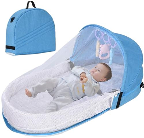Reise -Babybett, 40x80 cm tragbares Baby -Reise -Stuhlbassinet mit Baldachin- und Kindergartenspielzeug, faltbares Säuglings -Reisebett, leichte Reiseschale für Neugeborenen im Freien (blau)