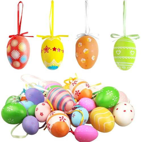 AONAT 50x Ostereier zum Aufhängen,Bunte Plastik Eier Osterdeko aus Kunststoff mit Seil Basteln,Eier bemalt für Kinder Schule Home Partybedarf Geschenke Größe: 6 cm