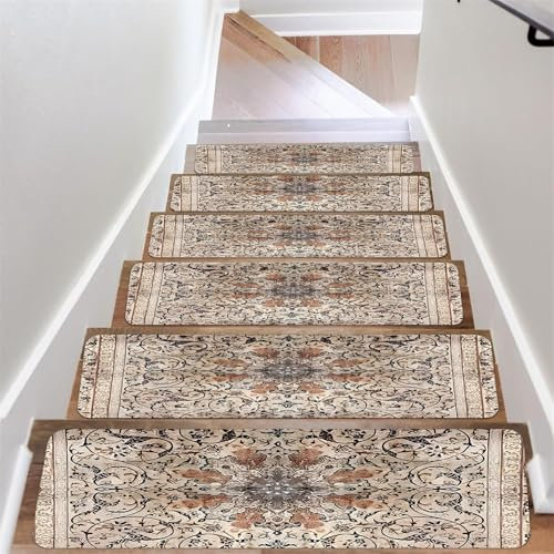 Odot Pisadas Antideslizantes para Escalones de Madera, Persa Retro Alfombra Vinilica, Autoadhesivo Alfombra Antideslizante, Alfombras para Escaleras Interiores (Caqui,7pc)