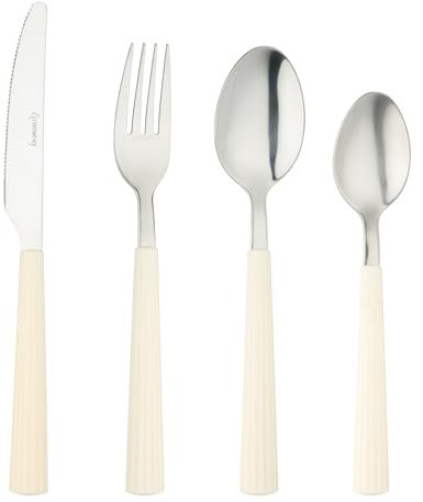 Grunwerg Bistro Cubiertos, Juego de 16 piezas, Acero inoxidable 18/0, Mango redondeado, Blanco