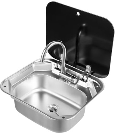 Évier de camping RV - Kit de montage - Évier rectangulaire avec couvercle en verre - RV caravane ou bateau - Lavabo à main avec robinet - 41 x 36,5 x 16 cm