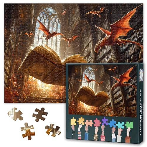 Drachen Puzzles 1000 Teile, Bücher Puzzle Erwachsene, 1000 Teile Puzzles für Erwachsene, 70 x 50cm Puzzle Impossible Geschicklichkeitsspiel für die Ganze Familie