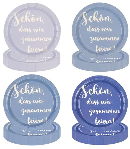 EVYIENEN 48 Stück Blau Farbverlauf Geburtstag Pappteller, Pappteller Partyset Spruch Schön, dass wir zusammen feiern, 4 Designs Für Zum Weihnachten Geburtstag Hochzeiten Jubiläums