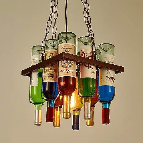 Wine Bottle Chandelier Rustic Industrial Pendant Light – Upcycled Multi-Color Glass Bottles, Adjustable Chain – Creative Hanging Lamp for Bar, Kitchen Island, Pub, Pool Table & Game Room Decor
