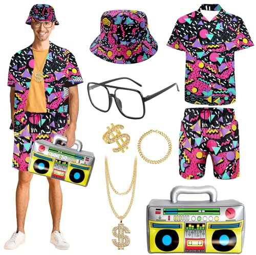 Retro 80s 90s Hip Hop Outfit for Adults, 80s Fancy Dress Set with Sportswear Shirt&Short, Hat Dollar Ring Necklace Bracelet Inflatable Radio Glasses, Beach Tracksuit for 80s Party (Rose Red, M)