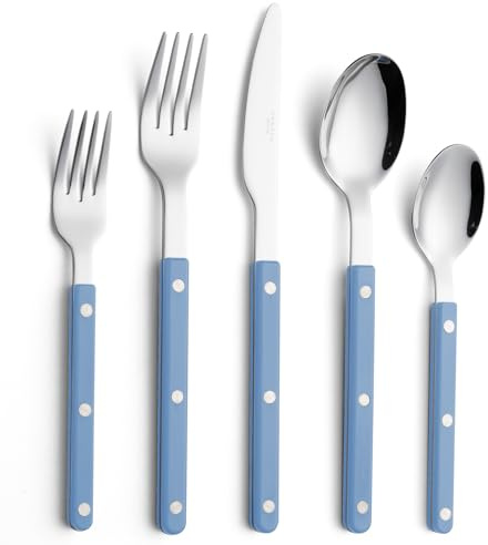 ANNOVA Juego de cubiertos, juego de cubiertos de acero inoxidable retro/rivet de colores, incluye cuchillos, tenedores, cucharas, tenedores para ensalada y cucharas para postre(Azul claro, 10 piezas)