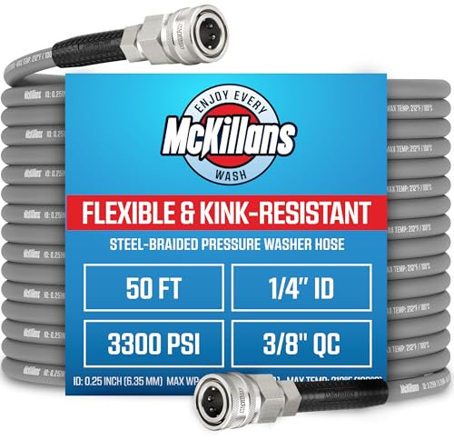 McKillans® QC Installed Pressure Washer Hose 50 ft - Flexible & Kink-Resistant - Steel-Braided & Durable- 3/8 QC Pre-Installed Stainless Steel - Power Washer Hose - High Pressure 1/4 Inner Diameter