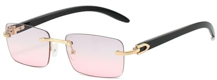 YAMEIZE Trendy Rimless Metal Rectangle Sunglasses - for Women Men Vintage Metal Shades UV400 Protection Driving Outdoor (Gold Grey Pink)