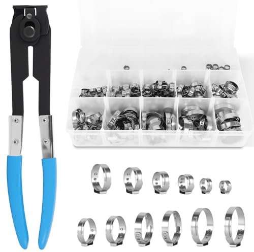 Lot de 190 colliers de serrage à une oreille en acier inoxydable, 12 tailles de colliers de serrage de 5,8 à 33,1 mm, robustes avec pince de serrage pour l'automobile, l'industrie, l'assainissement de