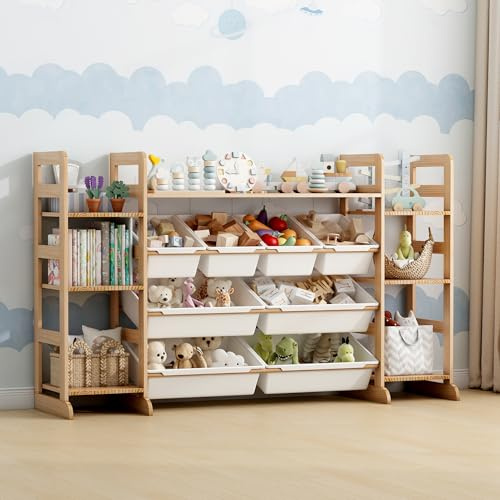 Wumagin Spielzeug-Organizer mit 7 Regalen und 8 Behältern, Kinderschrank Holz Bücherregal für Kinder Aufbewahrungsbox für Schlafzimmer, Kinderzimmer, Arbeitszimmer (133 x 80 x 34.5 cm)