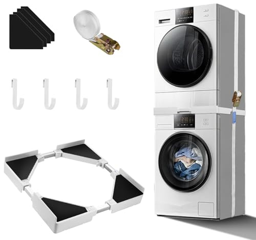 wowspeed Washing Machine Stand, Universal Stacking Kit for Washer and Dryer Pedestals, Mini Fridge Stand with Ratchet Ropes, Adjustable Stacking Frame Kit Fit for 21-27inch Washing Machine and Dryers