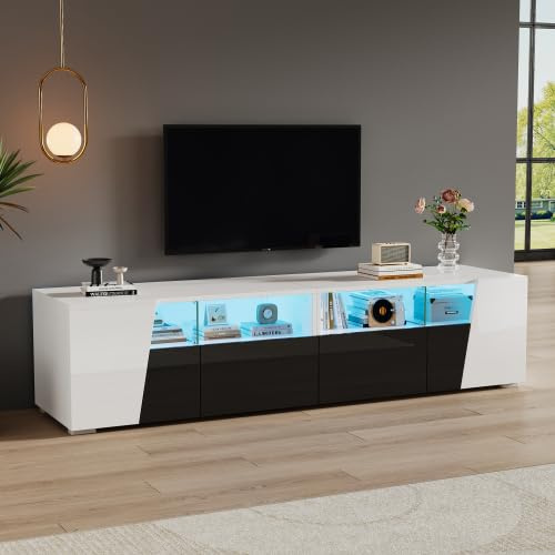 Merax 180 cm Hochglanz TV-Schrank mit LED-Beleuchtung – TV Stand für Fernseher bis 80 Zoll, Lowboard mit 2 Schubladen, 2 Türen und 4 offenen Ablagefächern, Weiß + Schwarz, Fernsehtisch für Wohnzimmer