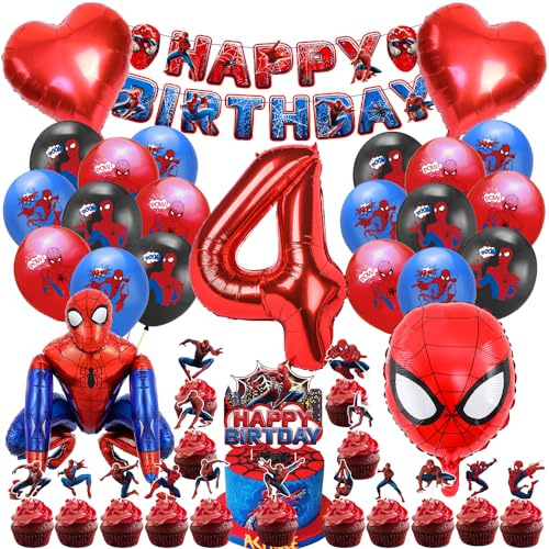 Geburtstagsdeko 4 Jahre, Kindergeburtstag Party Deko Set für 4 Jahre Junge und Mädchen, 3D Kindergeburtstag Luftballons und Zahlenballons, Kinder Geburtstag Dekoration Tortendeko Thema Party