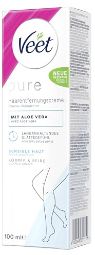 Veet Pure Haarentfernungscreme für Körper, Arme & Beine - Enthaarungscreme für sensible Haut - Minimum an Inhaltsstoffen & angenehmer Duft, mit Bio Aloe-Vera, Vegan - 100 ml