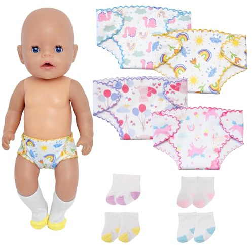4 Puppenwindeln & 4 Paar Puppensocken für Baby Puppen 36-43 cm, Wiederverwendbar PuppenWindeln für 14-17 Zoll Puppen mit Pony Dinosauriern Motiven, Puppenzubehör Geschenke für Kinder Puppen Zubehör