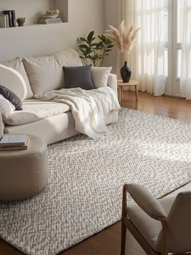 Elle Decoration Lyon - Wollteppich Beans, Natürlich & Handgemacht, Wohnzimmerteppich Wolle im Skandi Loop Design, Melierter Naturteppich mit Perlenstruktur - Natur Creme Grau, 160x230 cm