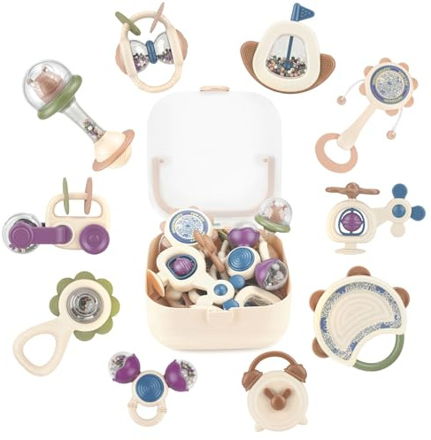 JOYBOY Baby Rassel Beißring Set 10pcs, Montessori Sensorik Babyspielzeug