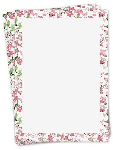 Briefpapier Blumen Rose I 50 Blatt 90 g/m² DIN A4 I stilvolles Schreibpapier - Rahmen rosa grün weiß I Einladungen Urkunde Speisekarte I dv020