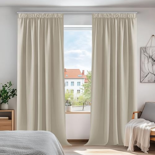 Deconovo Vorhänge Blickdicht mit Kräuselband Verdunklungsgardine Hellbeige | 2er Set, H 229 x B 168 cm, Thermogardine Wärmeisolierend, für Wohnzimmer, Schlafzimmer Gardinen, Thermal Curtain, Sichtschutz