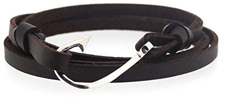 Sovats Fish Hook On Leather Nautical Bracelet For Mens 925 Sterling Silver Rhodium Plated Adjustable Size - Simple, Stylish &Trendy Nickel Free Bracelet