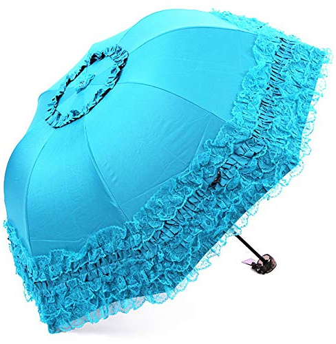 WANLIAN Princesse Dentelle Vintage Dentelle UV Soleil Parasol Pliable 3D Fleur Broderie Parapluie - 3 Pliage Bleu pour les jours pluvieux, enneigés, ensoleillés