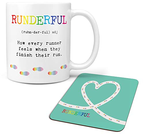 Personalised 'Runderful' Running Gift Mug Set - with Free Coaster - Gifts for Male or Female Runner Athlete Jogger - Birthdays, Christmas, Secret Santa, Father’s Day, Mother’s Day