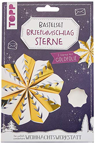 Briefumschlag-Sterne Bastelset mit Goldfolie: Anleitung und Material für 2 Sterne aus Briefumschlägen mit Goldfolie zum Selberbasteln. Mit Aufhängung und Satinband.