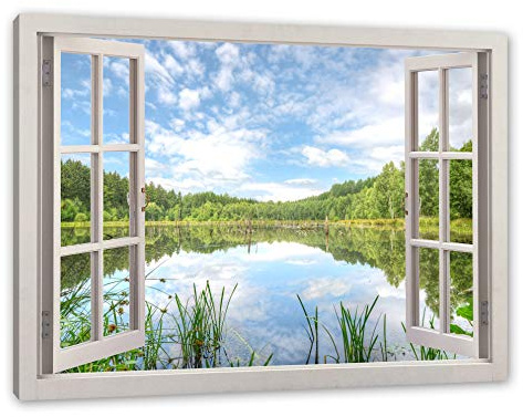 Pixxprint Waldsee Nachmittagstraum, Fenster, Größe: 100x70cm, Leinwandbild, fertig gespannt, Wandbild, Dekoration, Kunstdruck, kein Poster