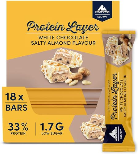 Multipower Protein Layer Eiweißriegel – 18 x 50 g Protein Riegel Box – kalorienarmer Energieriegel – Salty Almond