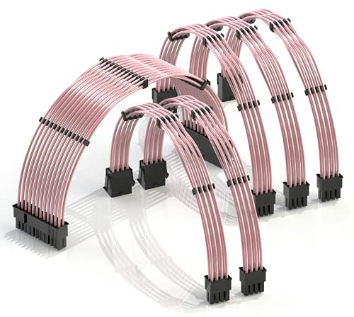 LINKUP - 30cm Netzteilkabelverlängerung 18AWG Sauerstofffreies Kupfer Teflonmantel Custom Mod GPU PC mit Kamm-Kit | 1x 24 P (20+4) | 2X 8 P (4+4) CPU | 3X 8 P (6+2) GPU Set | 300mm - Rosa