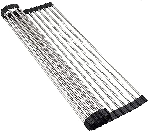 Hykiee Egouttoire Vessaille sur Evier Pliable, 44,5 x 25,9 cm Egoutoire Vaisselle INOX de Meuble Cuisine Enroulable avec Silicone Antidérapant pour égoutte
