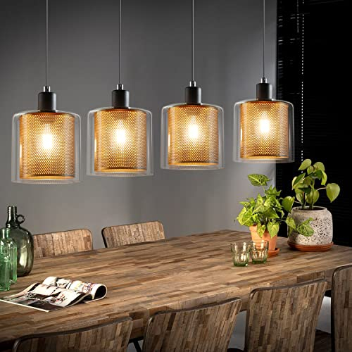 ZMH Pendelleuchte Esstisch Hängelampe Glas: Hängeleuchte 4-Flammig Esstischlampe Vintage E14 Gold Esszimmerlampe Höhenverstellbar Wohnzimmer Pendellampe für Esszimmer Küche(ohne Leuchtmittel)