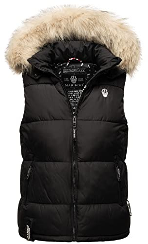 MARIKOO Damen Winter Weste Steppweste mit Kapuze und Fellkragen B896 [B896-Eisflöckchen-Schwarz-Gr.M]