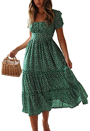 Colisha Womens Short Puff Sleeve Square Neck Floral Midi Dresses Flared Flowy Chiffon Maxi Dress Summer Beach Holiday Sundress L Green