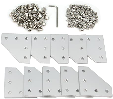 Befenybay 10 Stück/Set Silber L Eckwinkelplatte mit 50 Stück M5 x 8 mm Schrauben und 50 Stück M5 T-Muttern für 3D-Druckerrahmen aus Aluminiumprofil der Serie 2020 (Silber L-10 mit Schraube)