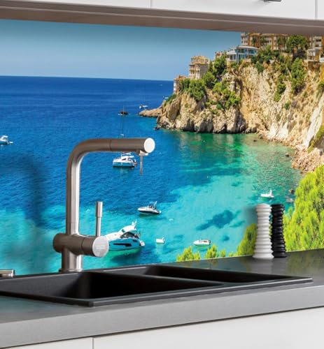 MyMaxxi Küchenrückwand Folie selbstklebend matt Versteift - einfache Montage ohne Bohren - Motiv Landschaft 05-60cm hoch - Spritzschutz Küche Klebefolie - Meer Klippe Bucht 400 x 60cm