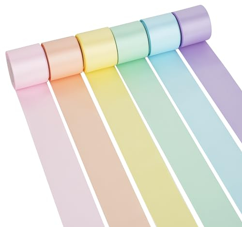 DINDOSAL Lot de 6 rouleaux de ruban de satin pastel arc-en-ciel de 3,8 cm pour fête prénatale, artisanat, fête d'anniversaire, mariage – 27,7 m