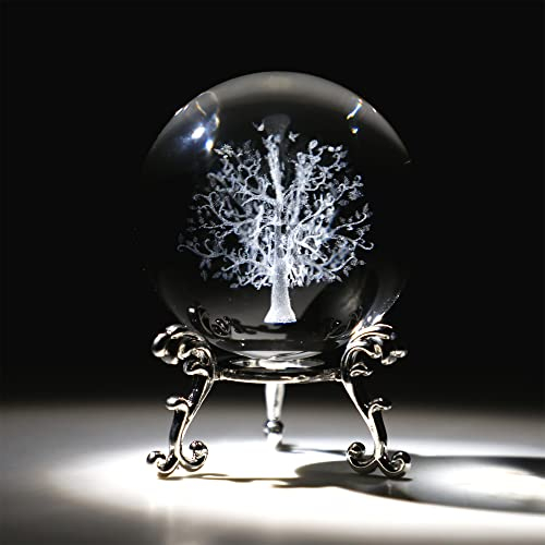 ZEERSHEE Boule de cristal en verre 3D avec support pour décoration de maison Motif arbre de vie 60 mm