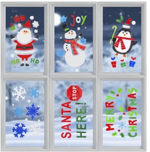 Pegatinas de ventana de Navidad autoadhesivas, ventanas de Navidad para decoración del hogar, suministros de fiesta de invierno (6 hojas, calcomanías de gel grandes)