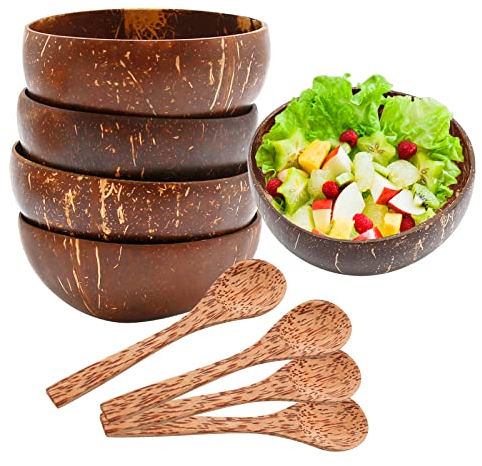 Saihisday Polished Coconut Bowl Premium Wooden Spoons Bowl Set,Coconut Bowl Fit for Smoothie Bowls,Organic,Vegan,Reusable for Acai Bowls,Breakfast,Decoration
